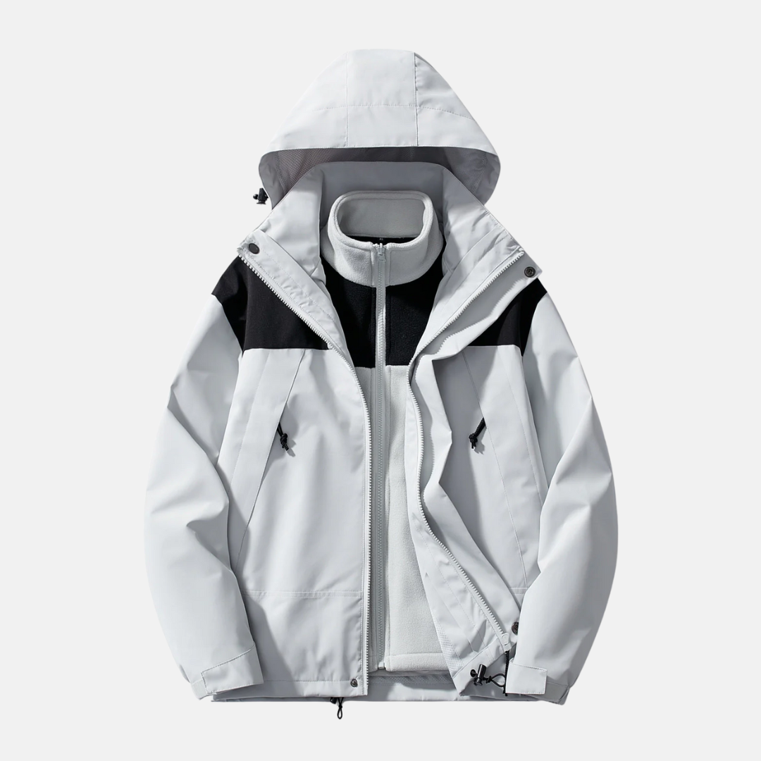 Men's three-in-one jacket water-resistant shell detachable fleece liner windproof hood all-weather outerwear