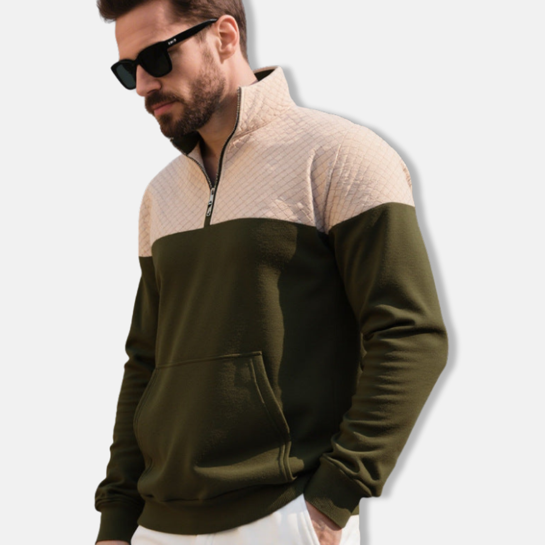 Men's gray cotton blend half-zip sweatshirt with stand collar and quilted diamond pattern