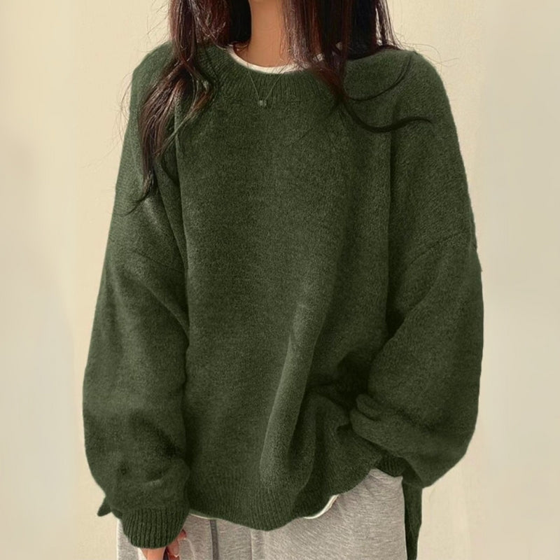 Celira oversized knit sweater with split hem detail, casual all-season warmth and relaxed silhouette