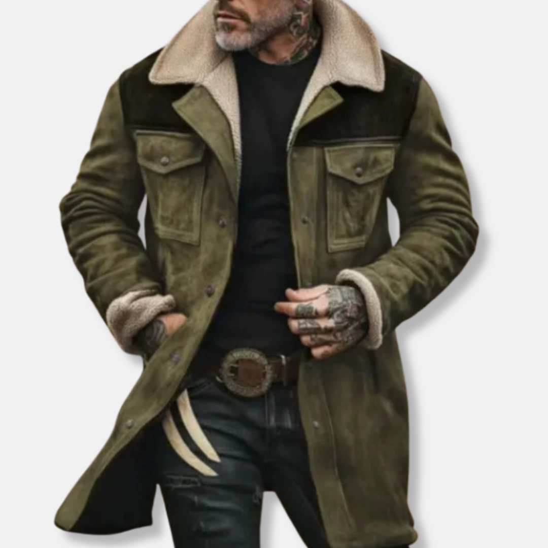 Navy men's trench coat suede-like fabric faux shearling collar modern slim silhouette