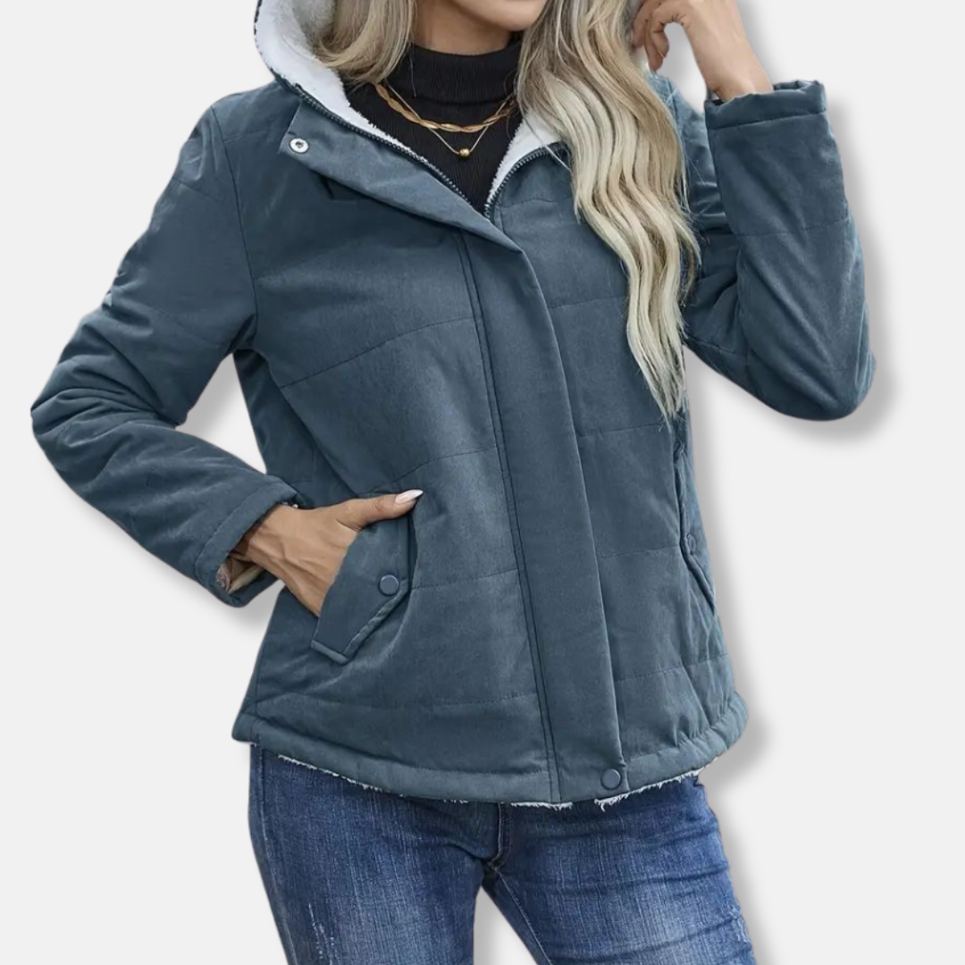 Women's quilted short coat with plush fleece lining, hooded full-zip design in cozy insulated style