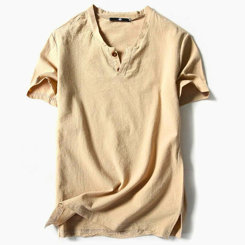 Tyrin men's white linen V-neck T-shirt, lightweight breathable classic fit casual tee