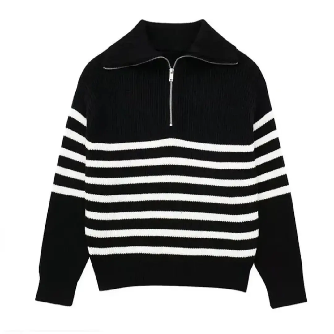 Nordic zip-up stripe sweater in classic nautical colors, relaxed fit with easy zip collar