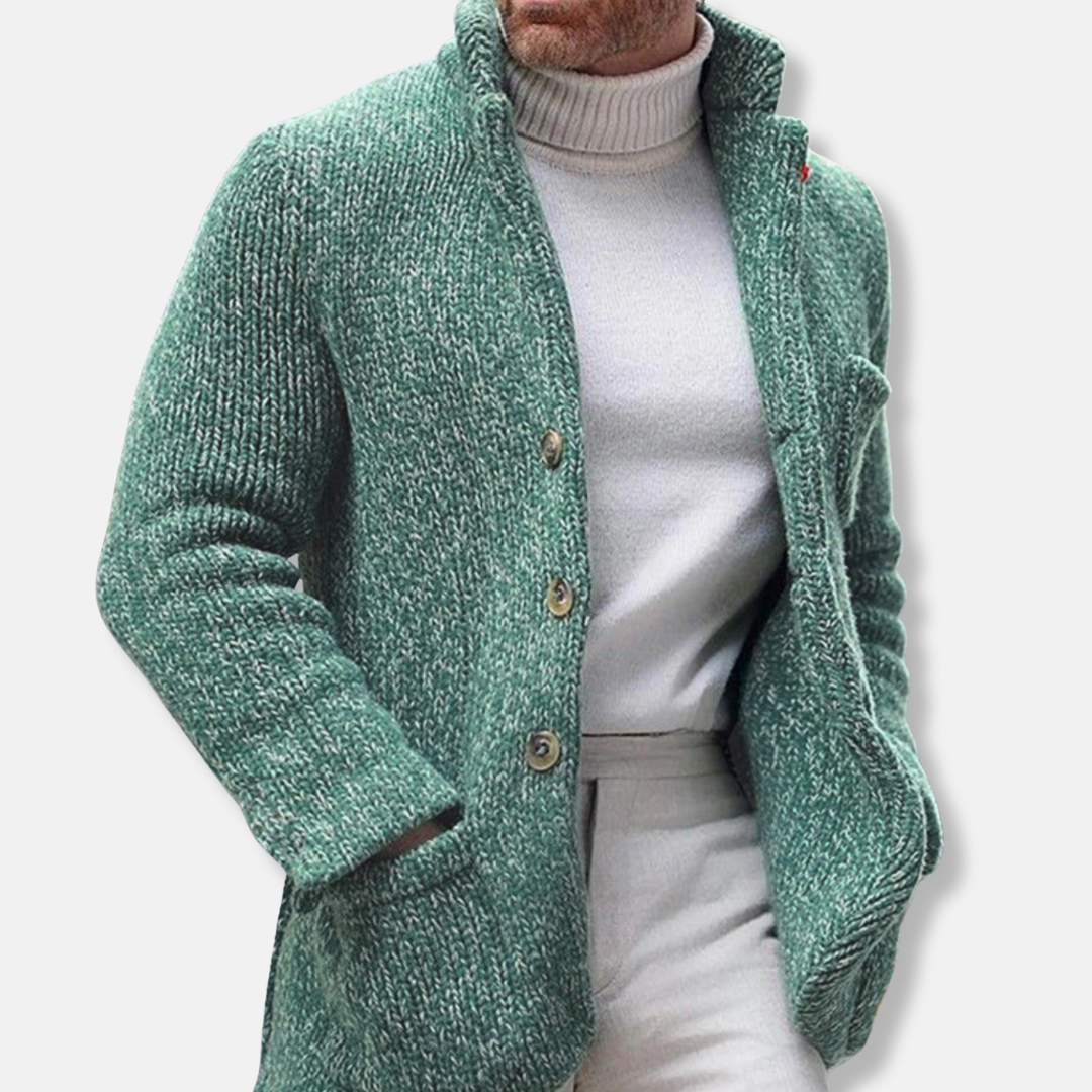 Men's grey textured knit cardigan stand collar single-breasted smart casual patch pockets Wavlynn