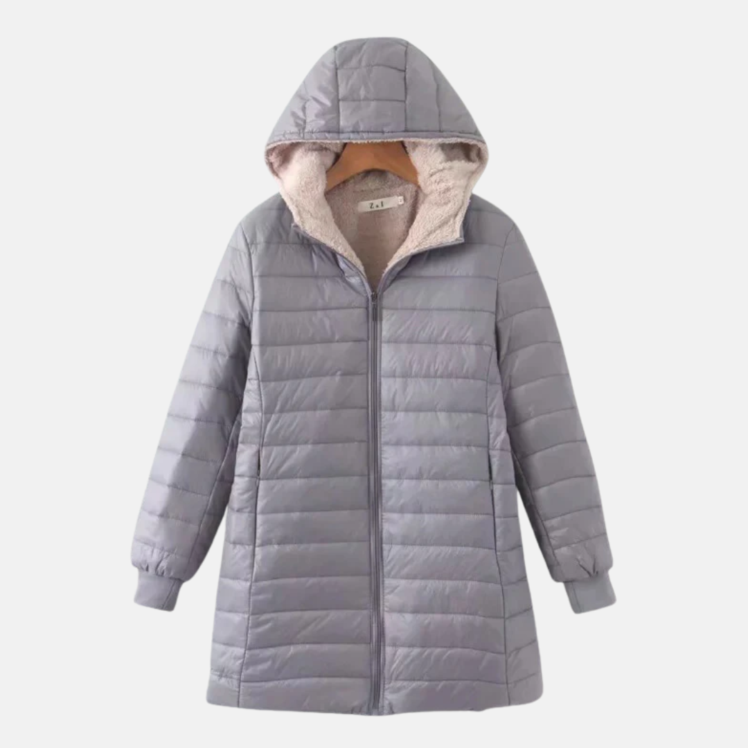 Women's mid-length quilted hooded coat with fleece lining, insulated for cold-weather warmth and comfort