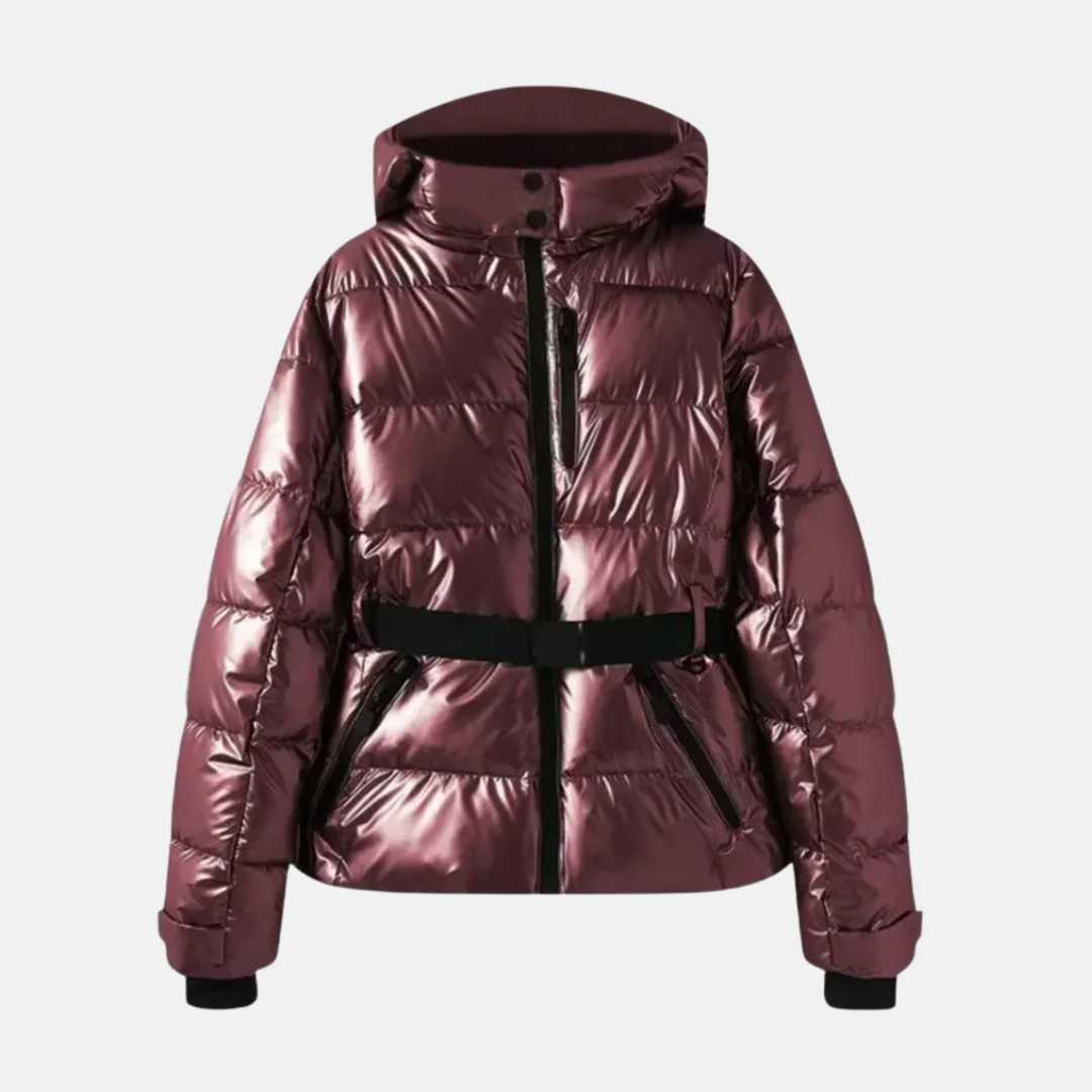 Women's insulated puffer ski jacket with belted waist, hood, zip pockets, waterproof navy blue