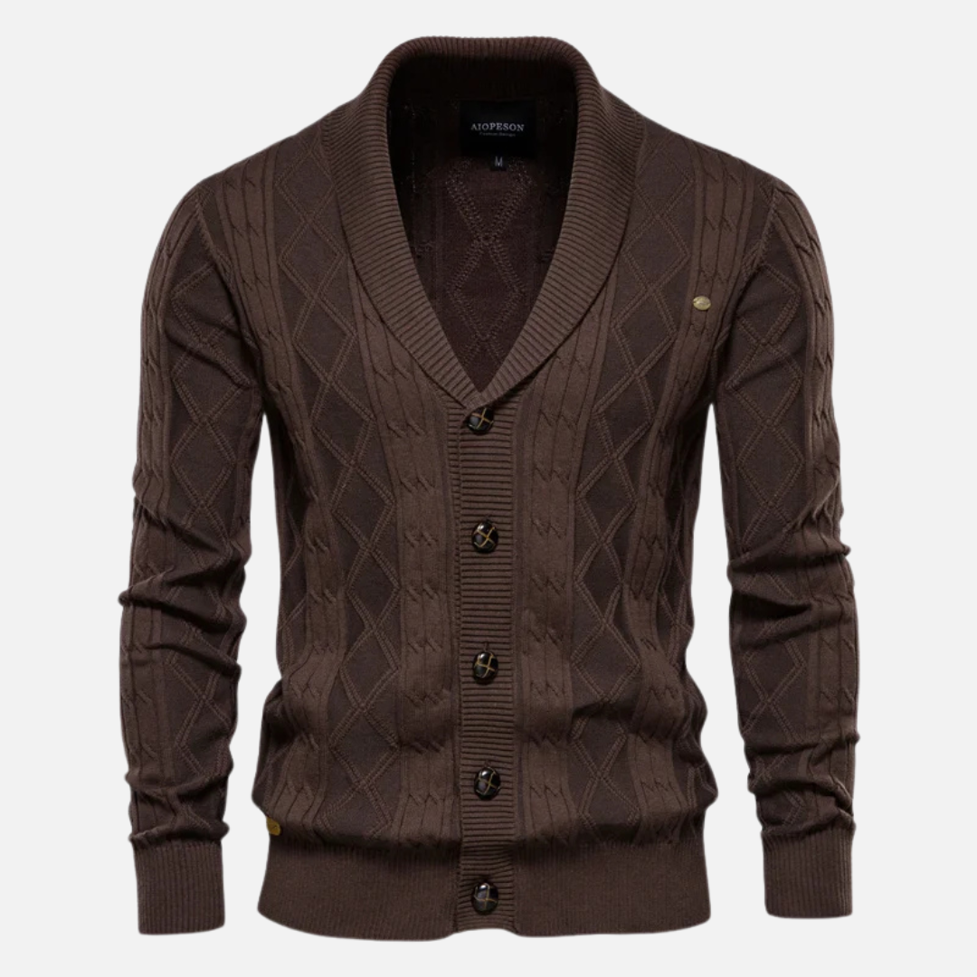Men's argyle knit cardigan shawl collar cotton blend layering sweater for autumn winter
