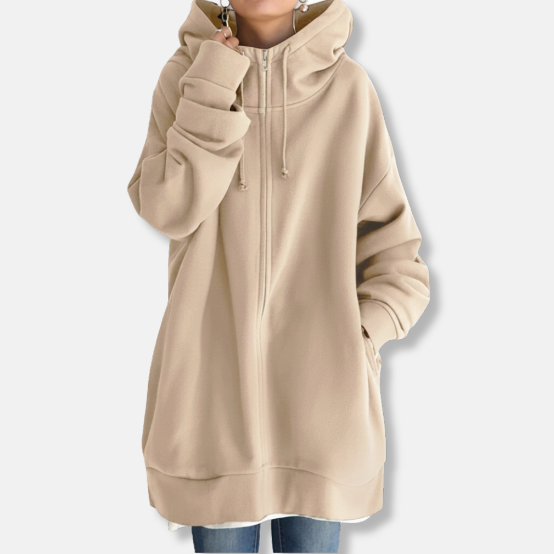Women's oversized zip-front hoodie in plush fleece, long sleeve casual fit with cozy relaxed silhouette