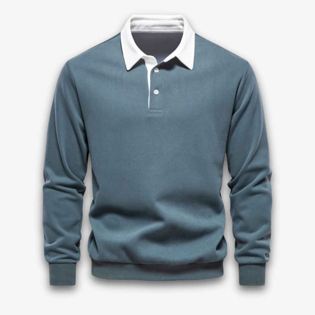 Navy regular fit men's polo knit sweater long sleeve soft natural fiber cotton knitwear