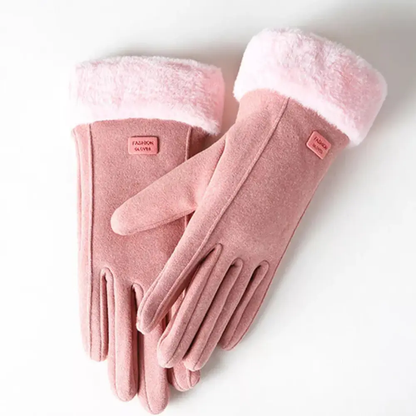 Black windproof knit winter gloves with plush lining and touchscreen-compatible fingertips