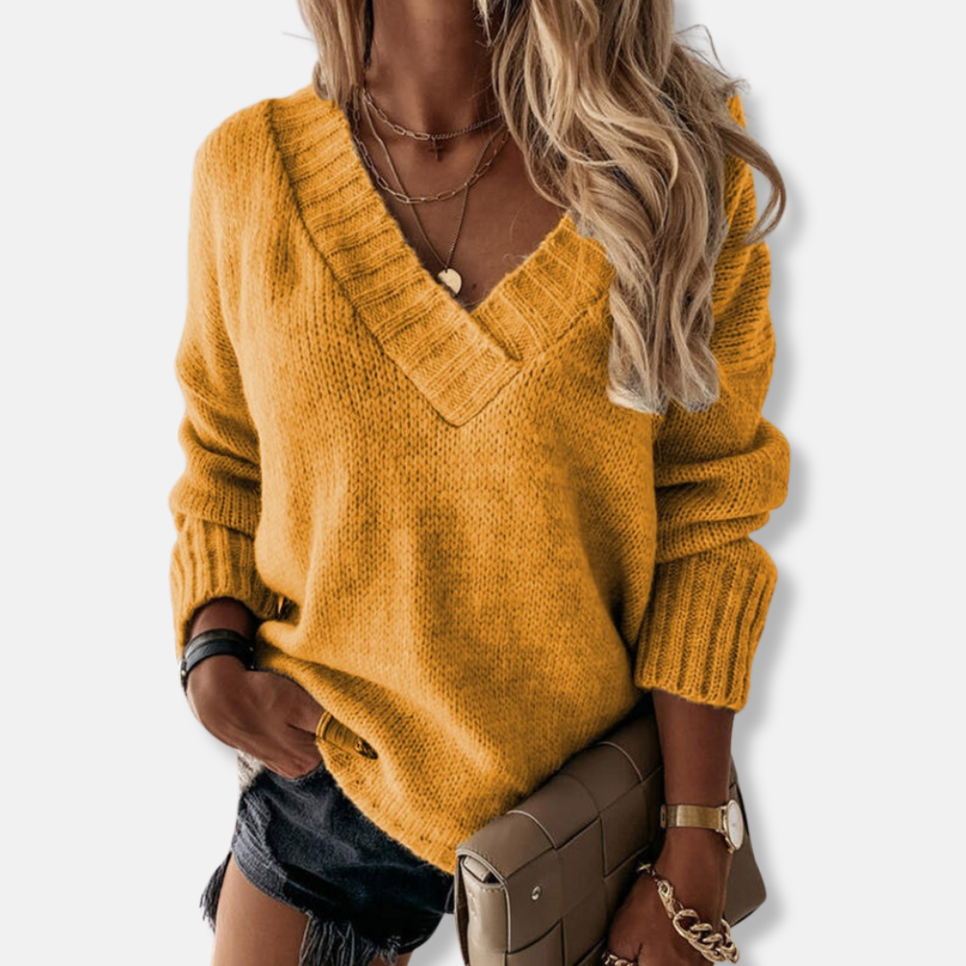 Women's relaxed fit knit sweatshirt deep V-neck long sleeve ribbed hem casual cozy style