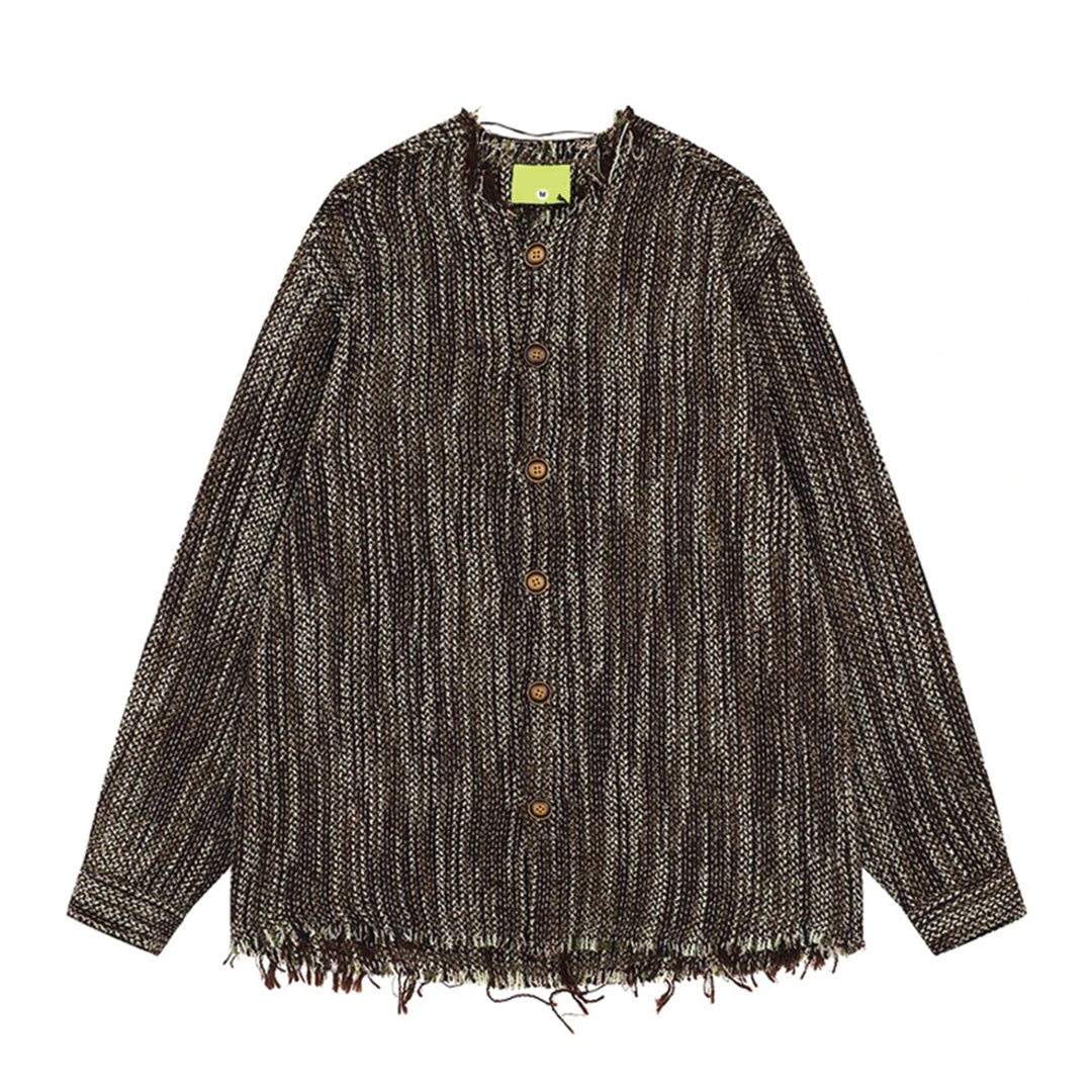 Relaxed-fit cream knit shirt with frayed hem, wood-tone buttons, and subtle texture irregularity