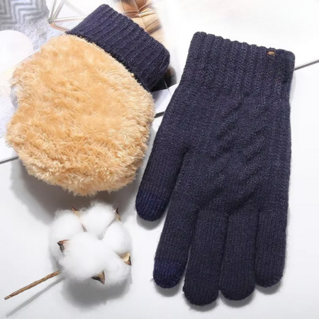 Men's dark knit winter gloves with touchscreen fingertips and double-layer plush fleece lining