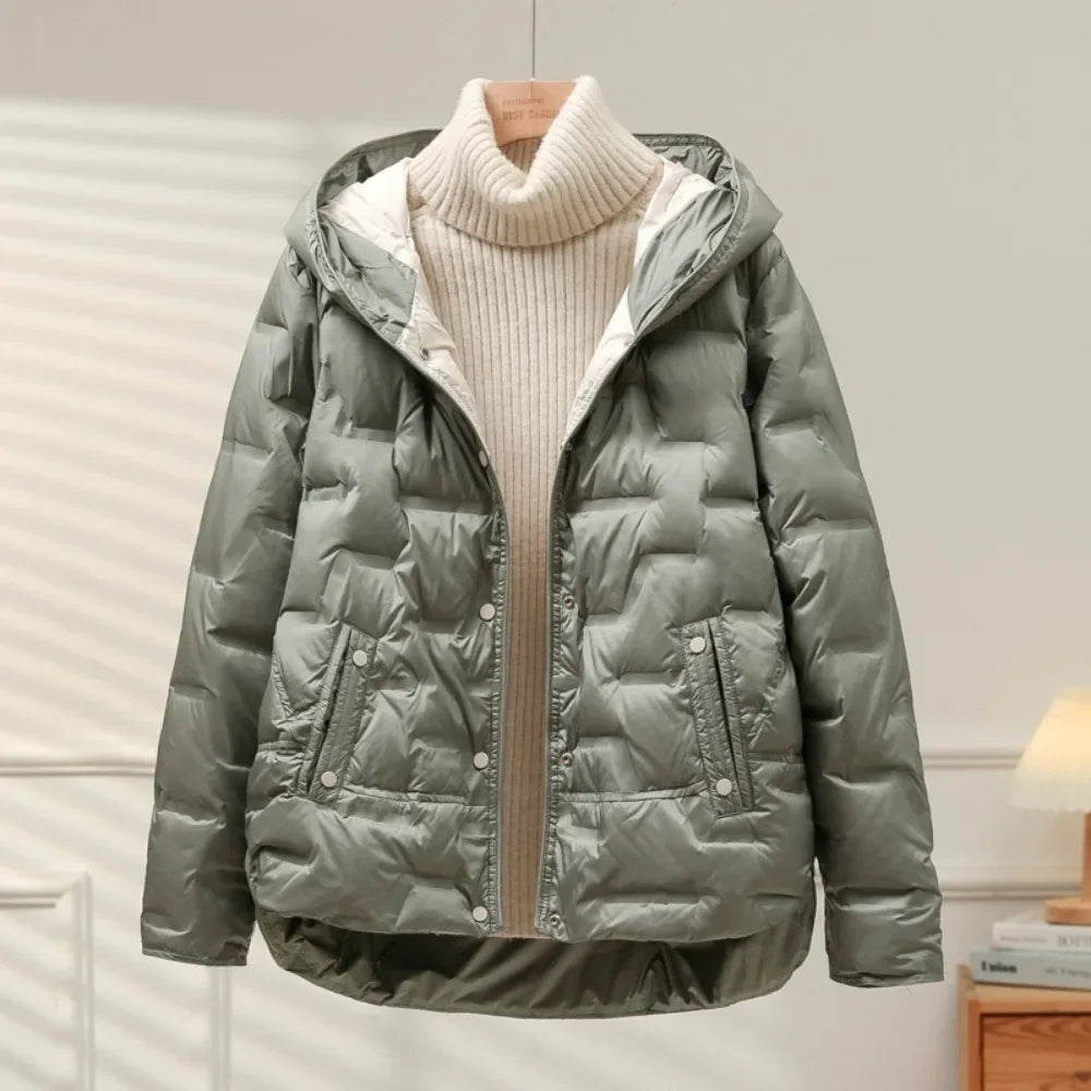 Women's lightweight quilted goose down puffer coat elegant slim silhouette premium insulation winter jacket