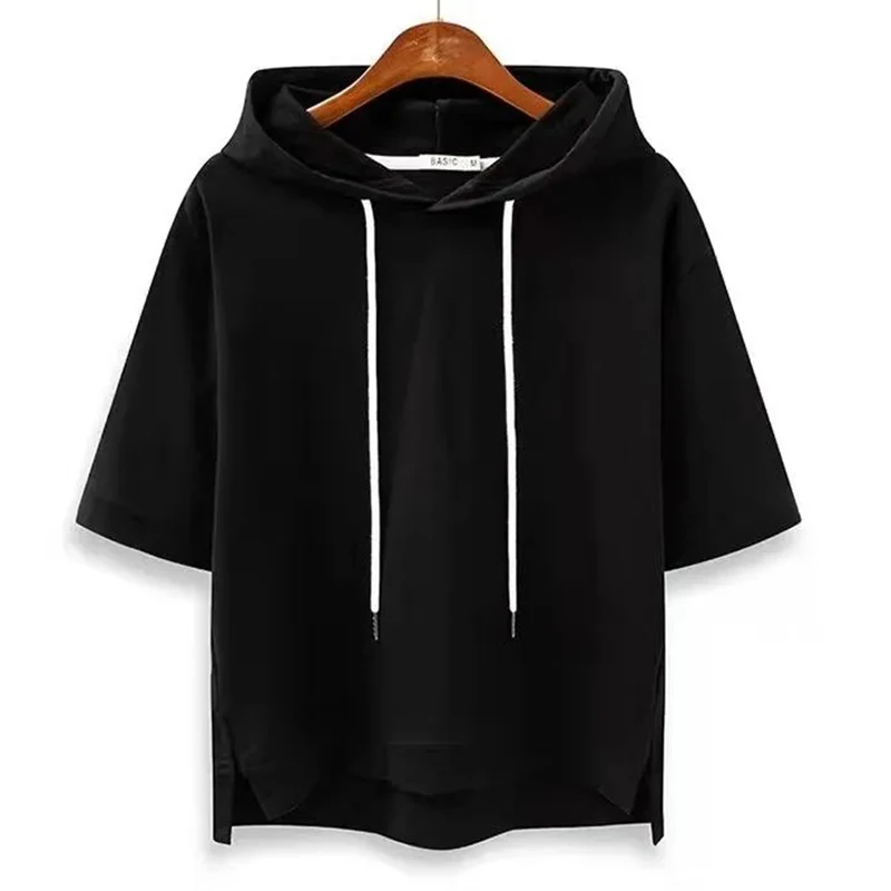 Isla cotton short-sleeve hoodie relaxed hip-length fit with adjustable drawstring hood