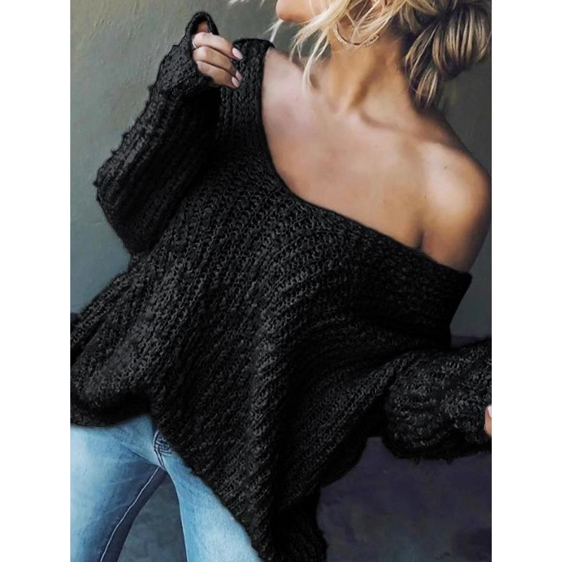 Marvia beige textured knit sweater with relaxed drop-shoulder silhouette and V neckline