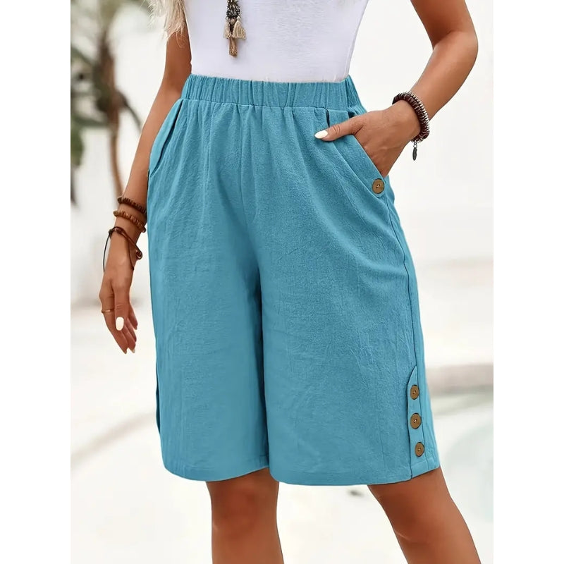 Zaya light beige cotton-linen blend shorts with side pockets, relaxed breathable summer cut
