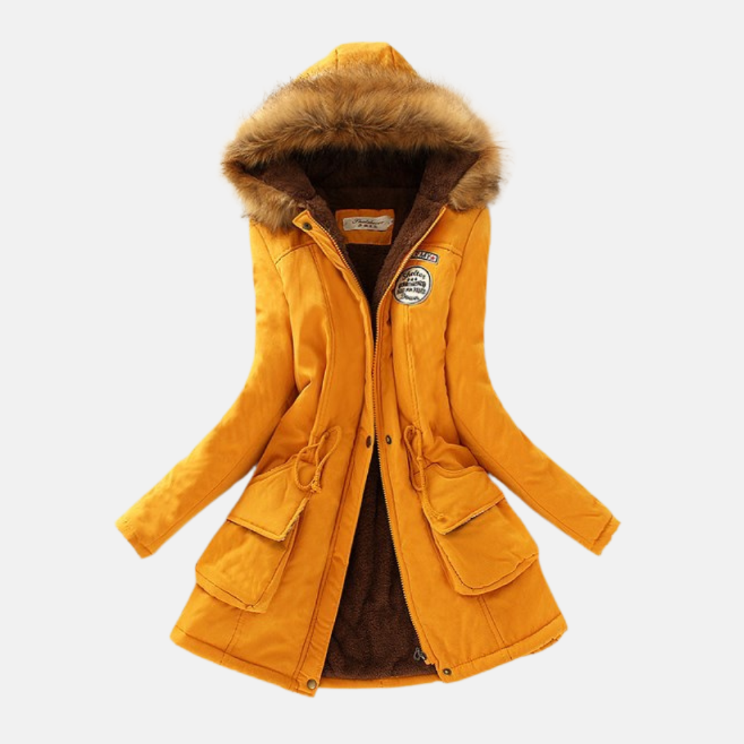 Women's winter parka coat with sherpa lining, faux fur hood, drawstring waist, in a cozy cold-weather style