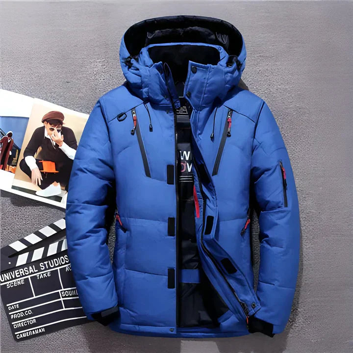 Men's black quilted puffer jacket with detachable hood, windproof insulated winter coat urban style