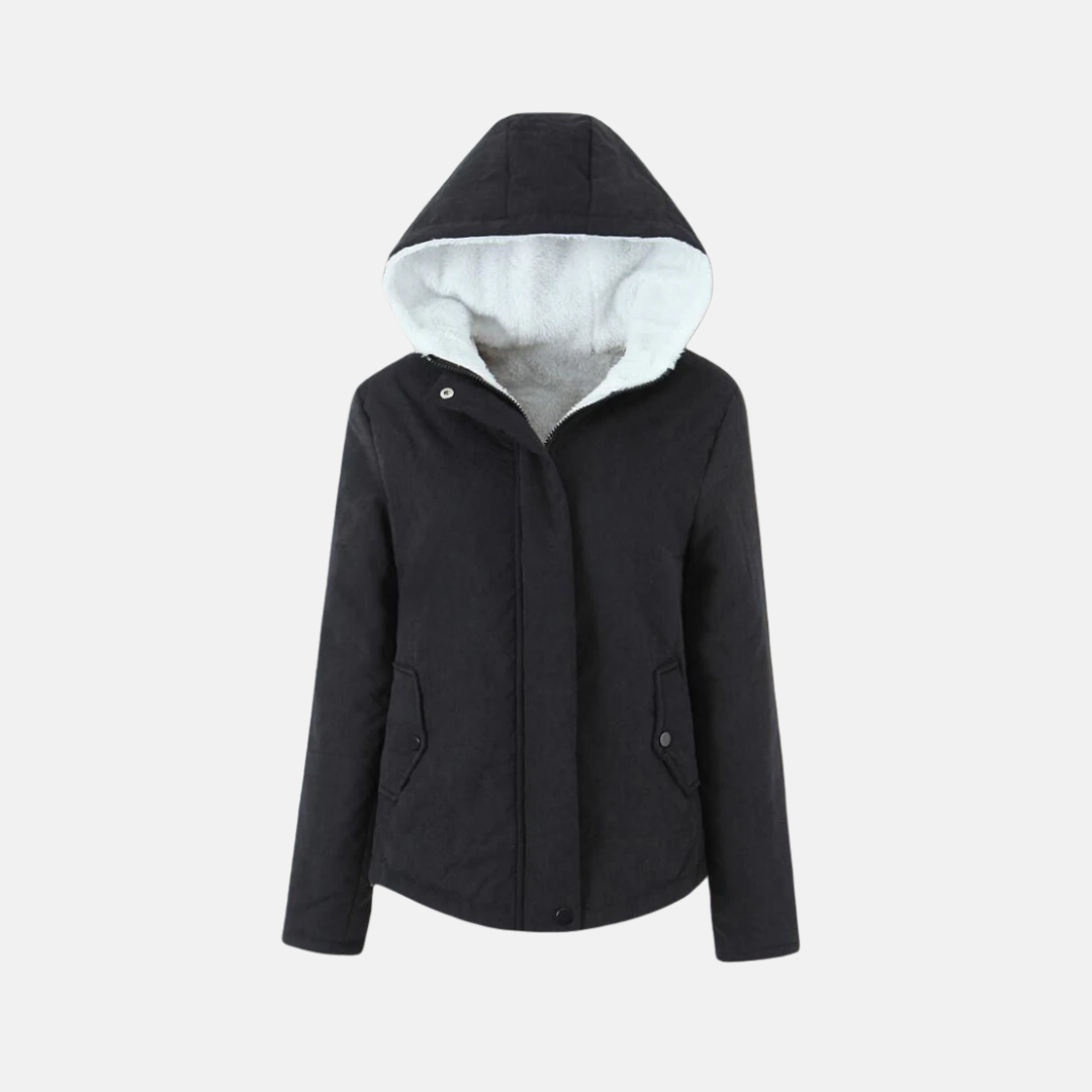 Women's blue quilted padded hooded jacket with fleece lining and snap closure for everyday warmth
