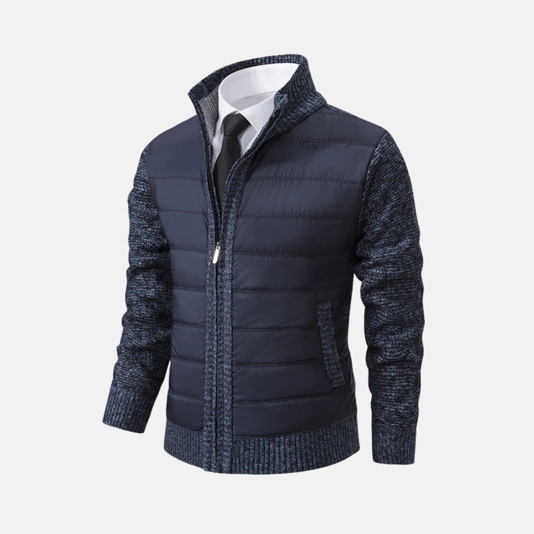 Burgundy slim fit men's jacket with stand collar and contrasting knitted sleeves, acrylic blend