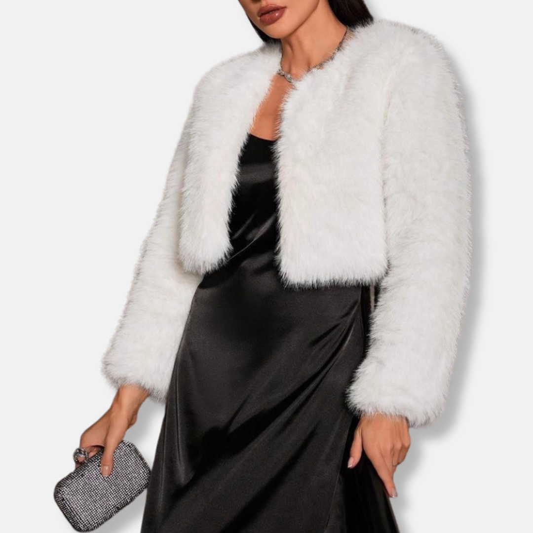 Women's cropped faux fur coat, open-front collarless neckline, plush waist-length winter layer