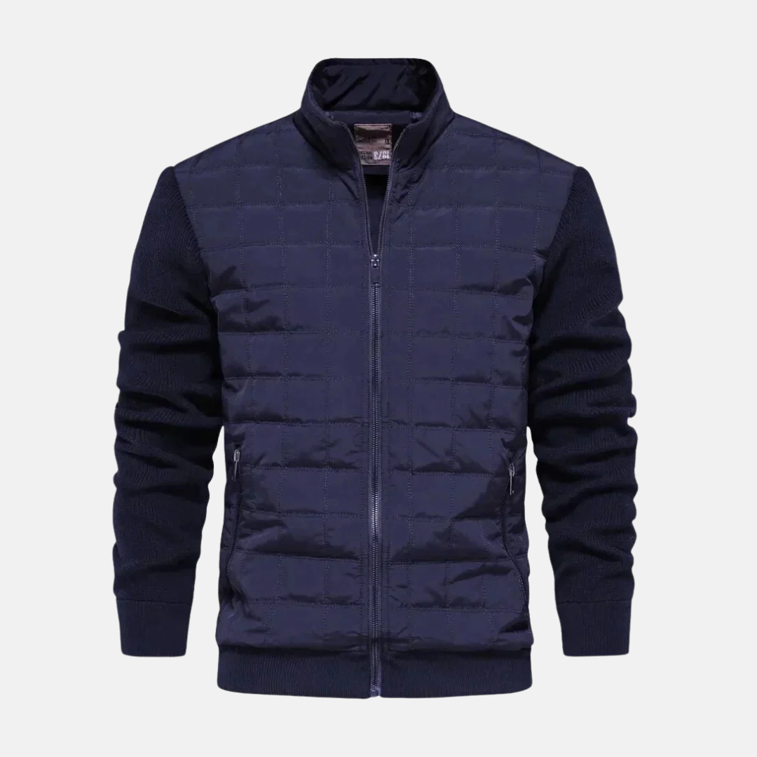 Men's navy bomber jacket quilted front panels knit sleeves modern fit everyday casual style