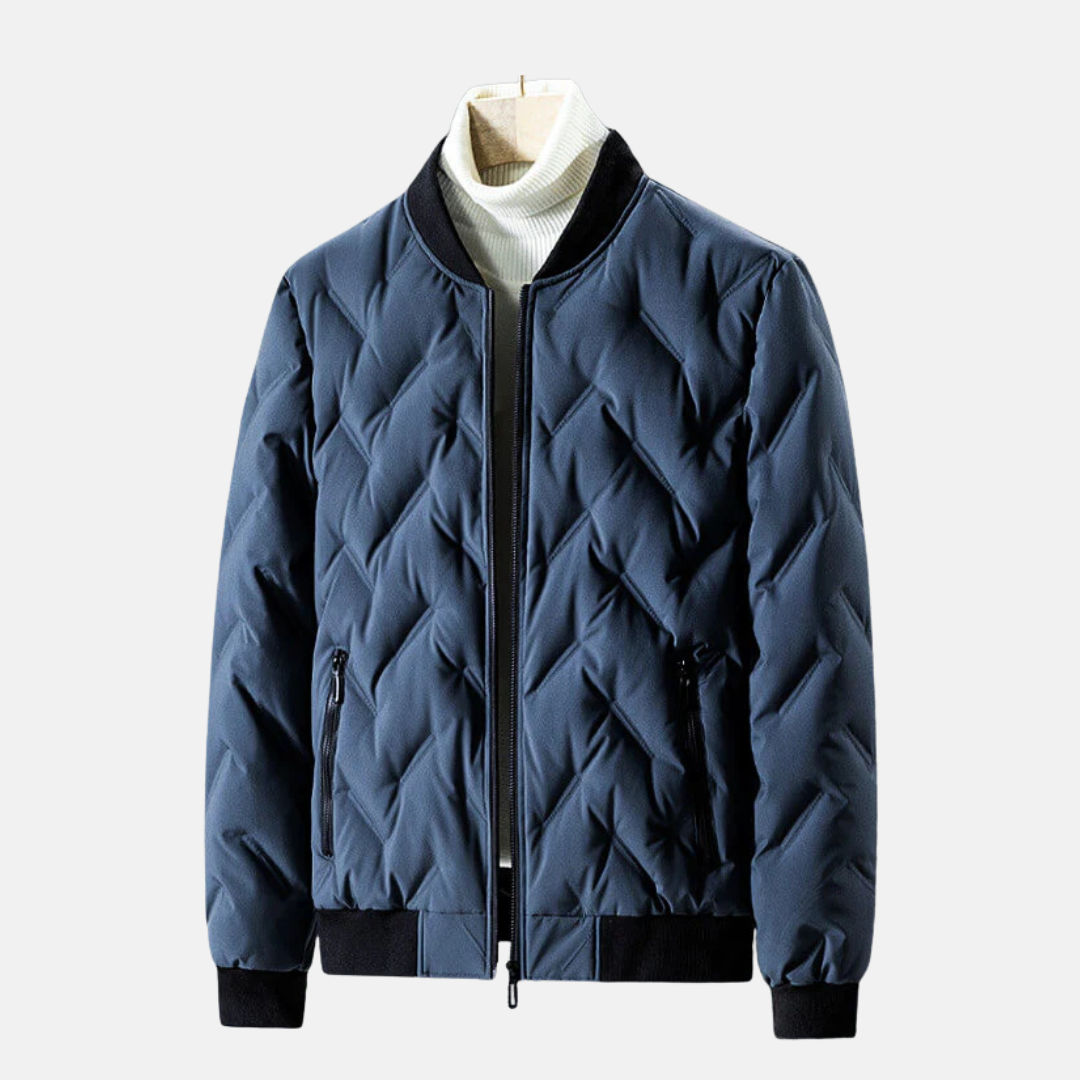 Men's black quilted chevron bomber jacket relaxed fit winter outerwear with textured pattern
