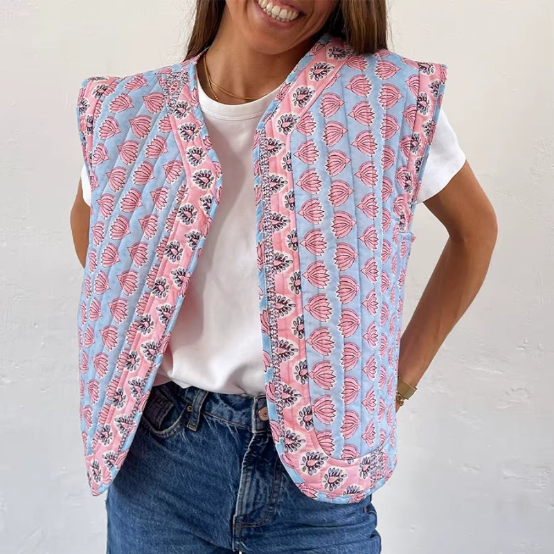 Pladelle plaid floral sleeveless vest coat open-front lightweight layering piece with hand-stitched detail