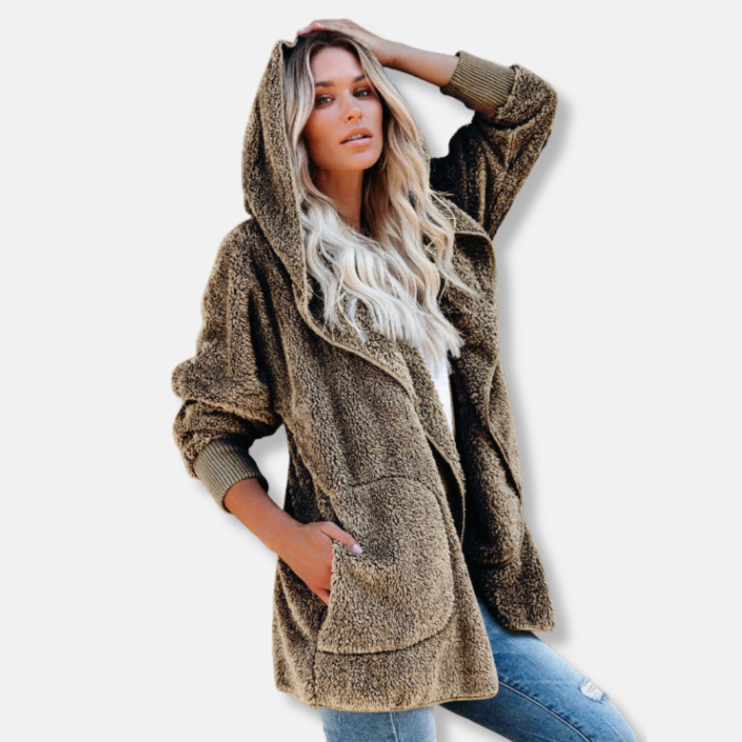 Women's oversized hooded sherpa fleece cardigan open front with pockets cozy warm layering piece