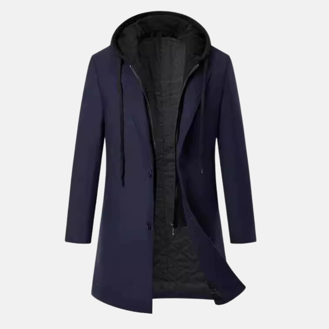 Men's charcoal wool blend overcoat tailored fit mid-length quilted lining removable hooded insert Wavlynn