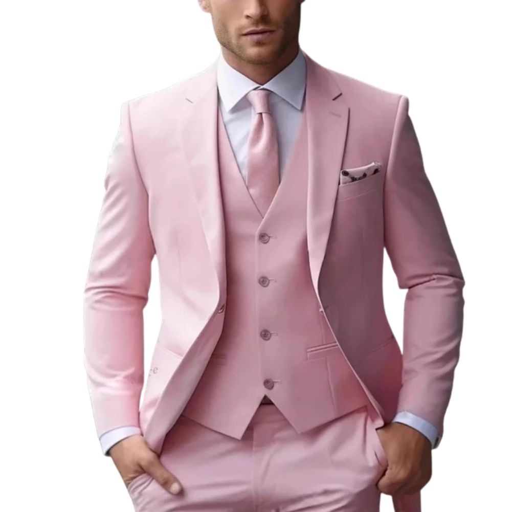 Men's slim fit three-piece formal suit in classic black with matching vest for weddings and black tie