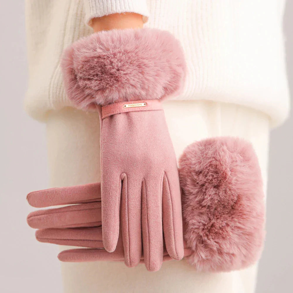 Fitted wrist-length gloves with elegant fur cuff trim, solid design for casual or dressy looks