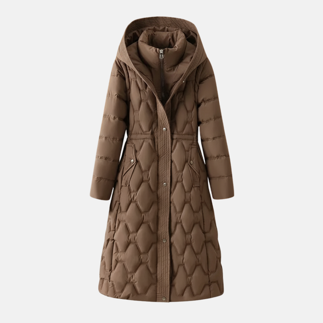 Women's long quilted jacket fitted waist hooded snap closure padded insulation winter coat
