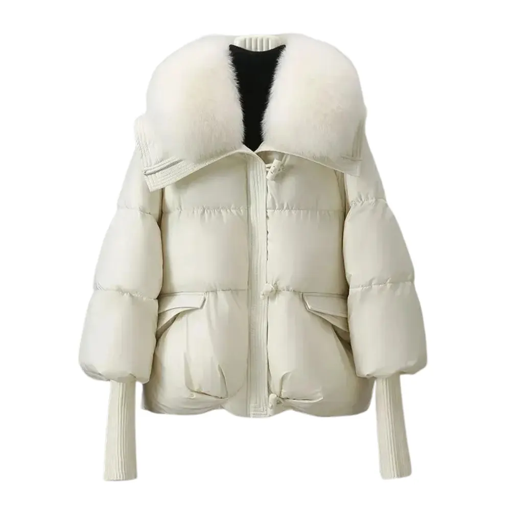 Black insulated puffer jacket with grey faux fur collar, ribbed cuffs, and toggle details for women