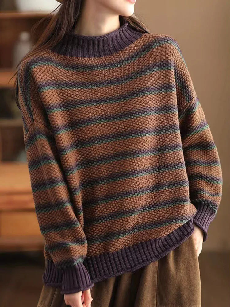Nordic striped mock neck sweater relaxed fit ribbed long sleeve hip-length casual pullover