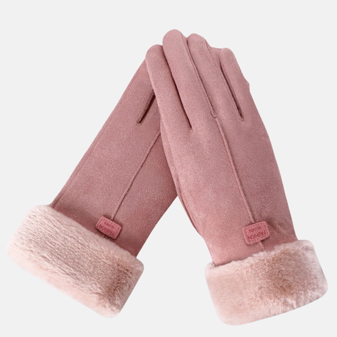 Women's slim fit wrist-length suede-like gloves with plush faux fur cuffs, touchscreen compatible