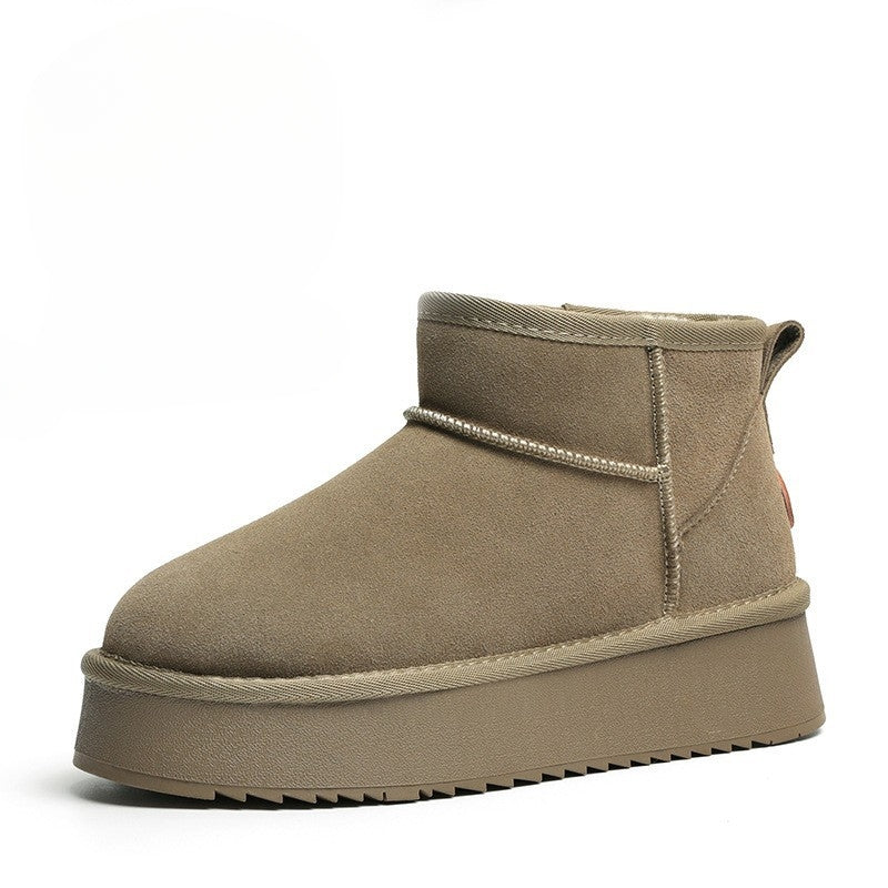 Vera Voss tan suede platform ankle boots with plush fuzz lining and modern streamlined silhouette