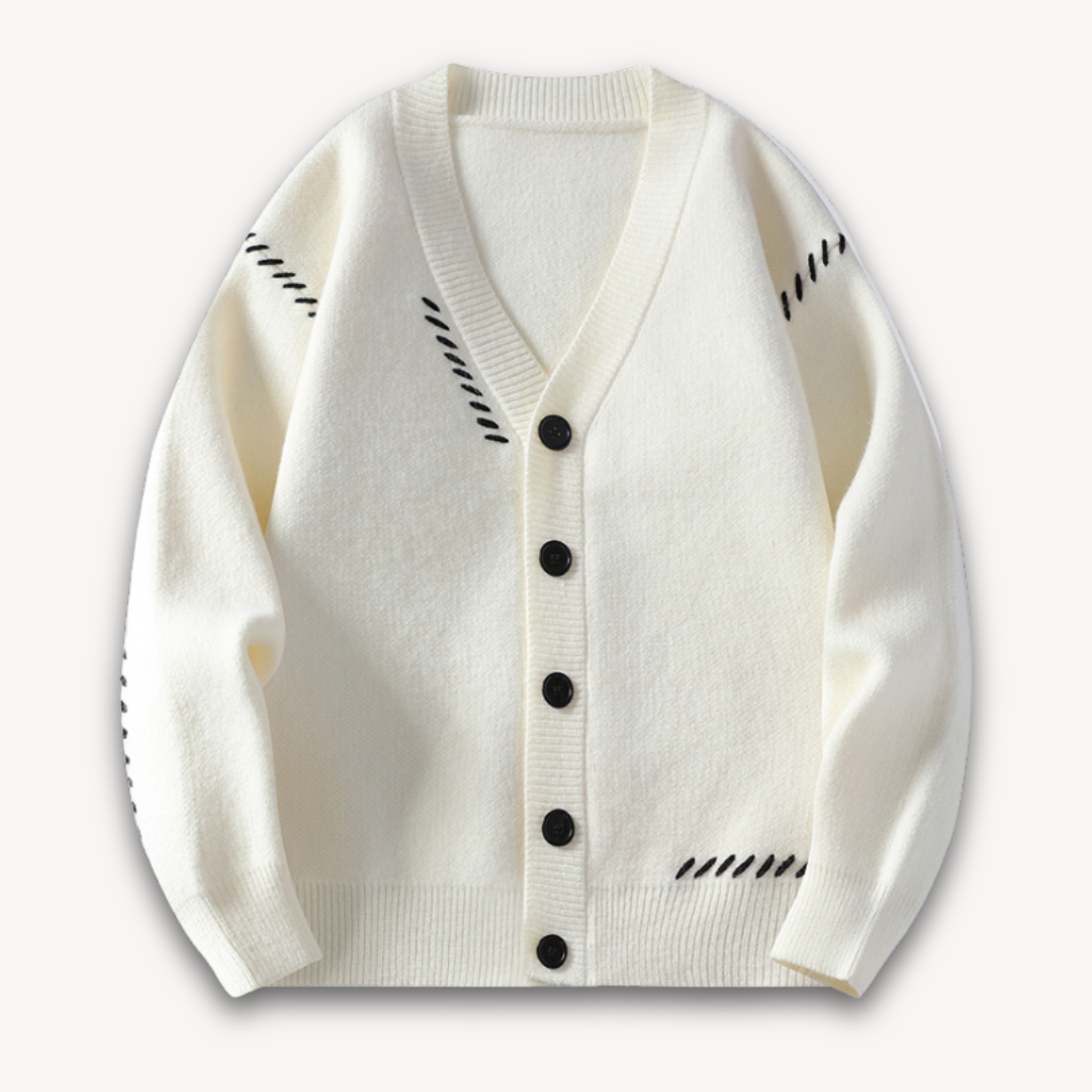 Men's cream oversized cardigan soft wool-blend knit button closure relaxed casual layering silhouette