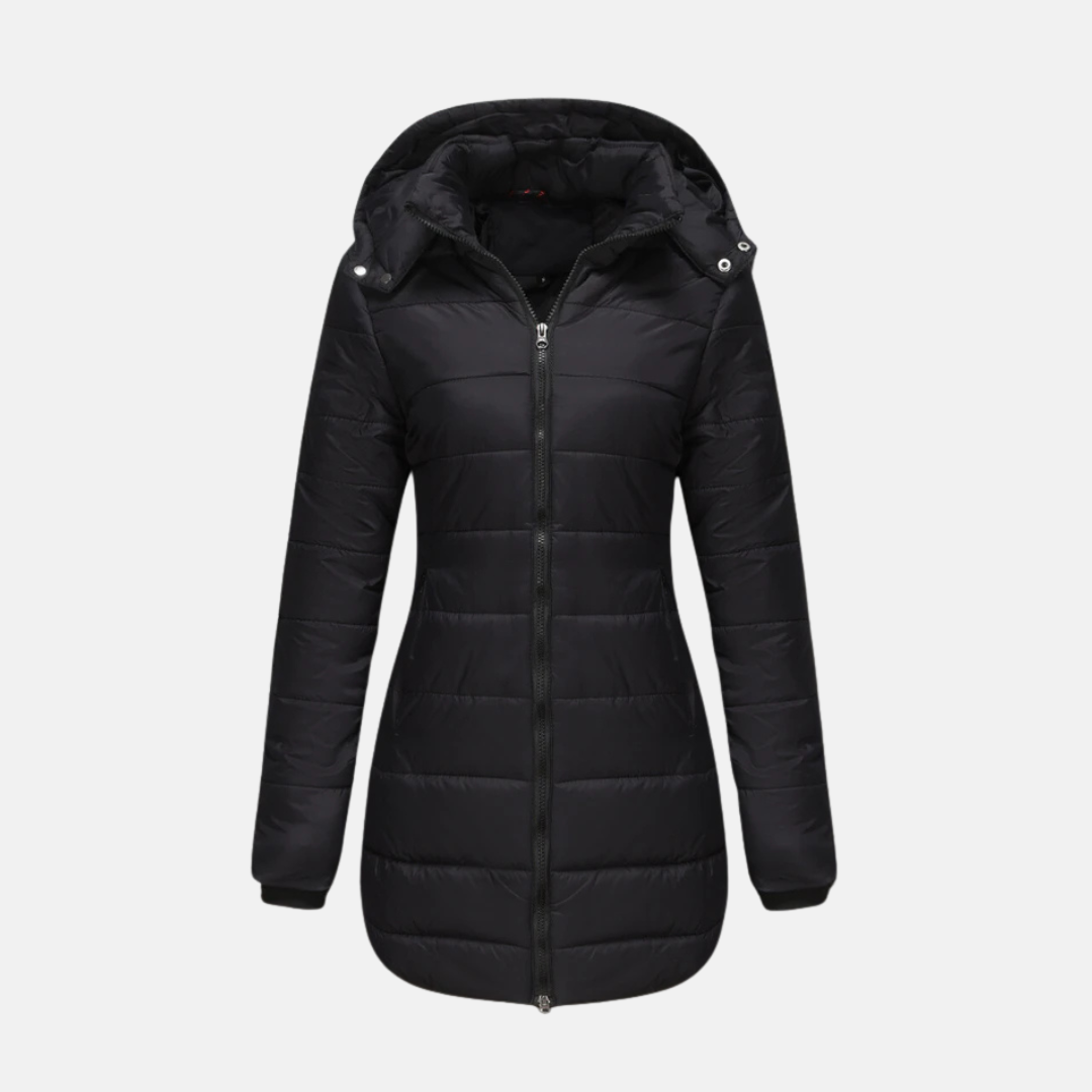 Women's longline quilted padded coat in modern fit with insulated hood and two-way zipper