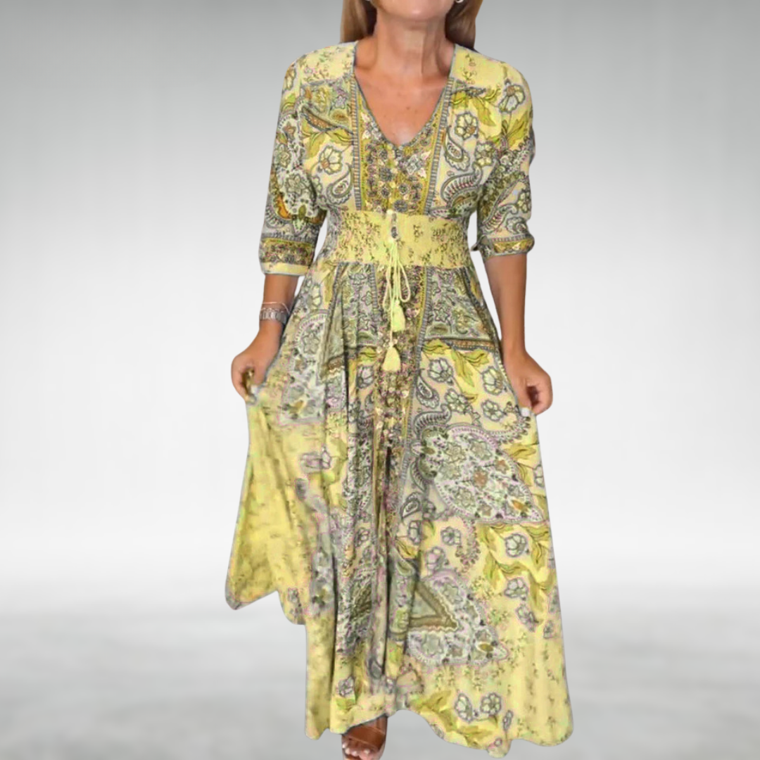 Women's boho flowy maxi dress in draped silhouette, feminine cocktail style with free-spirited flair