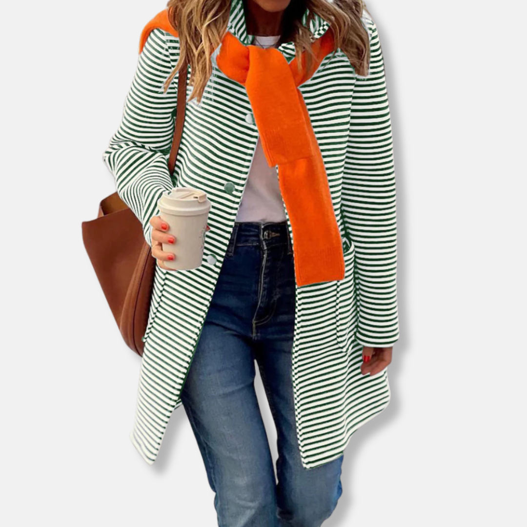 Women's striped cotton blend trench coat double breasted relaxed fit mid-thigh length office style