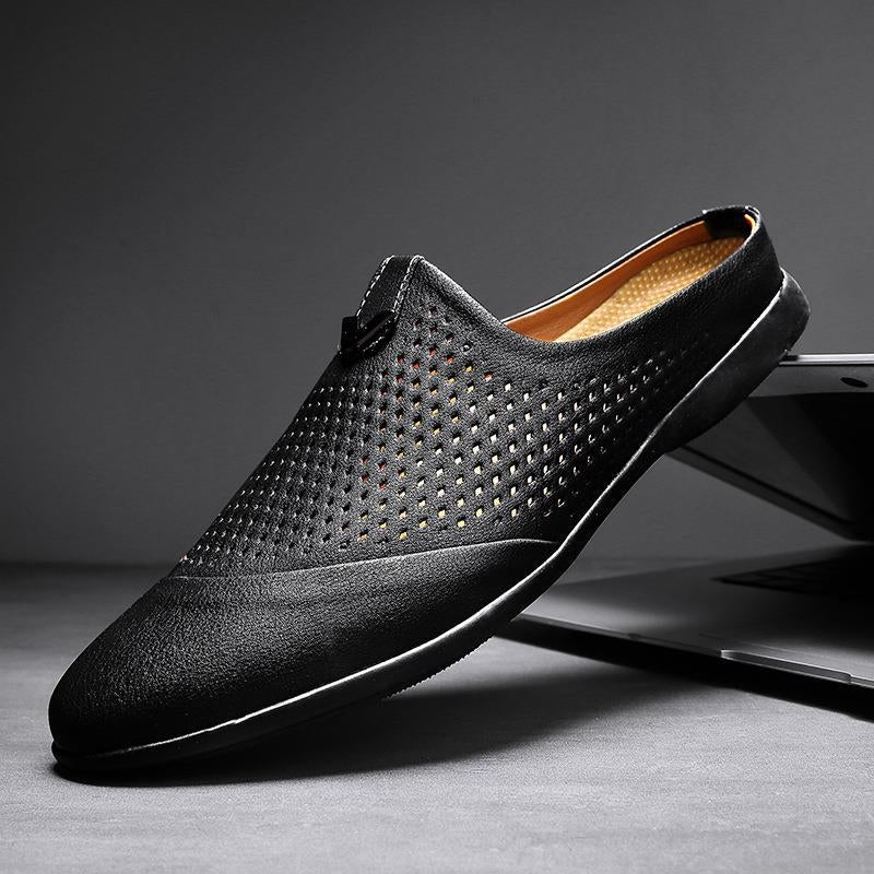 Montclair tan perforated Italian leather slip-on mule with breathable cutouts for warm-weather wear