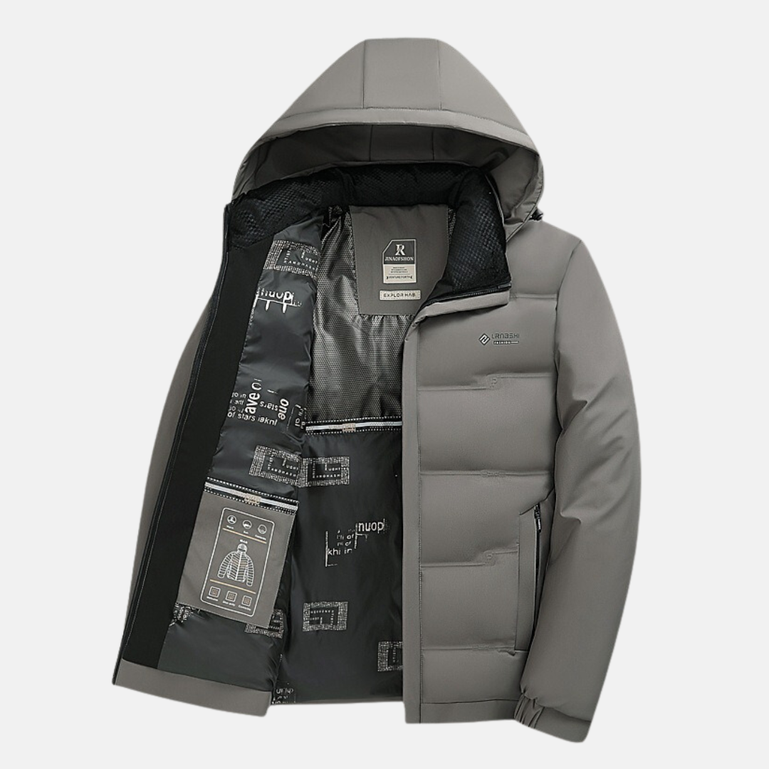 Men's black quilted insulated hooded jacket with zipper closure and water-resistant regular fit