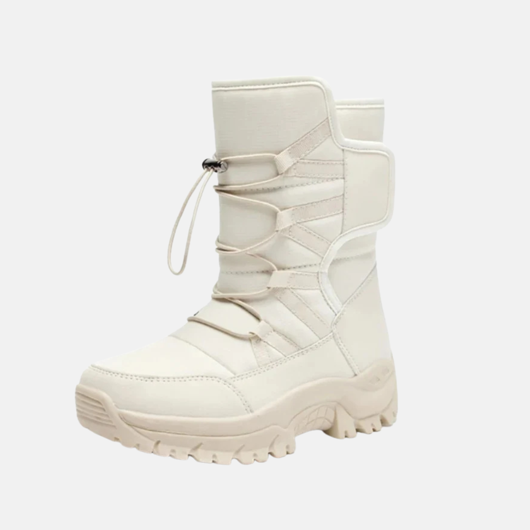 Women's high-top quilted synthetic boots with rugged sole and drawstring lace-up for winter warmth