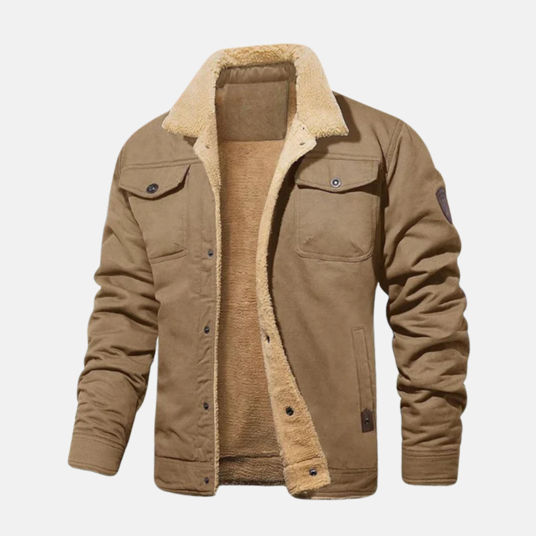 Men's relaxed-fit waist-length cotton-blend jacket with cozy sherpa collar in neutral fall tones