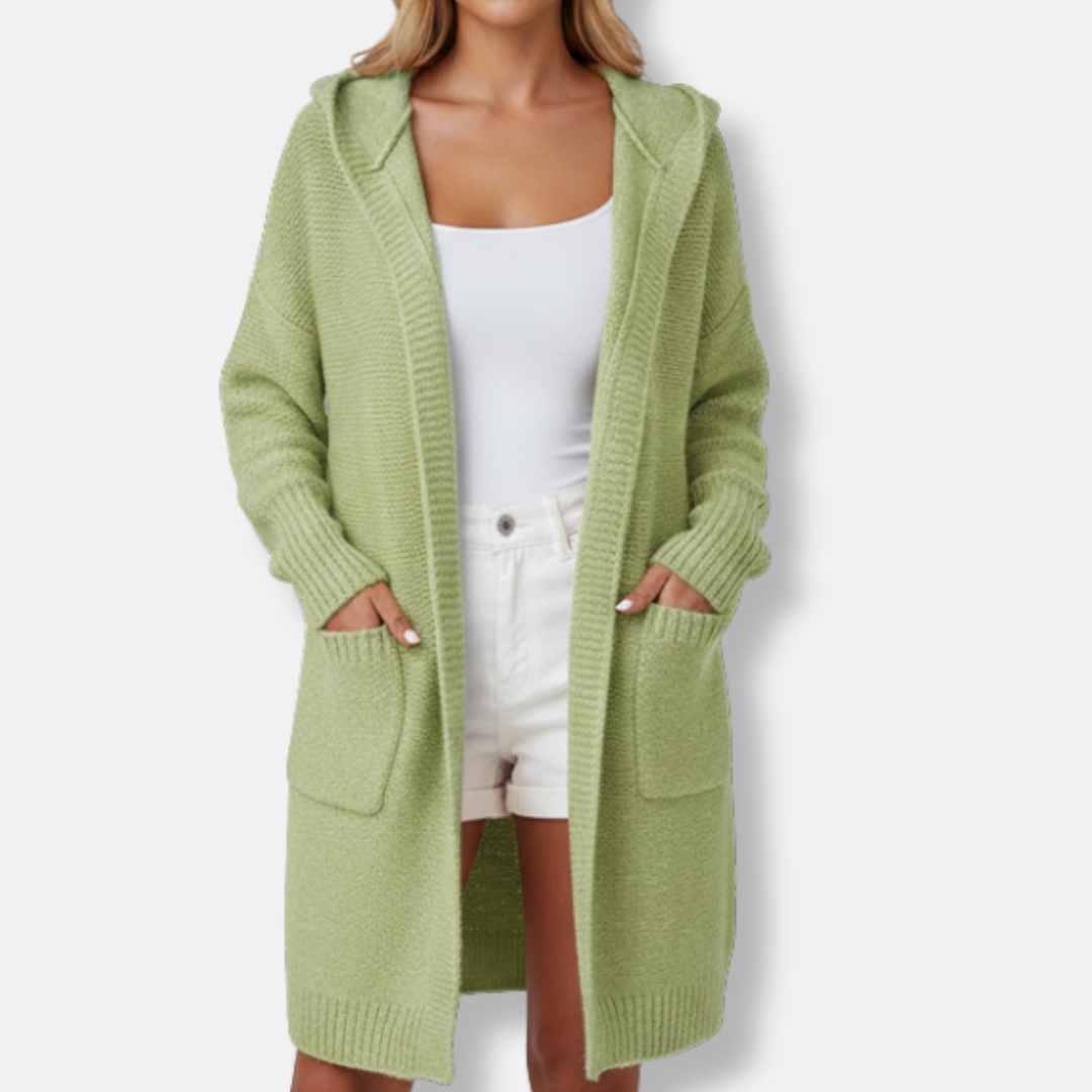 Women's oversized hooded cardigan in knit wool blend, relaxed fit, knee length with cozy draped silhouette