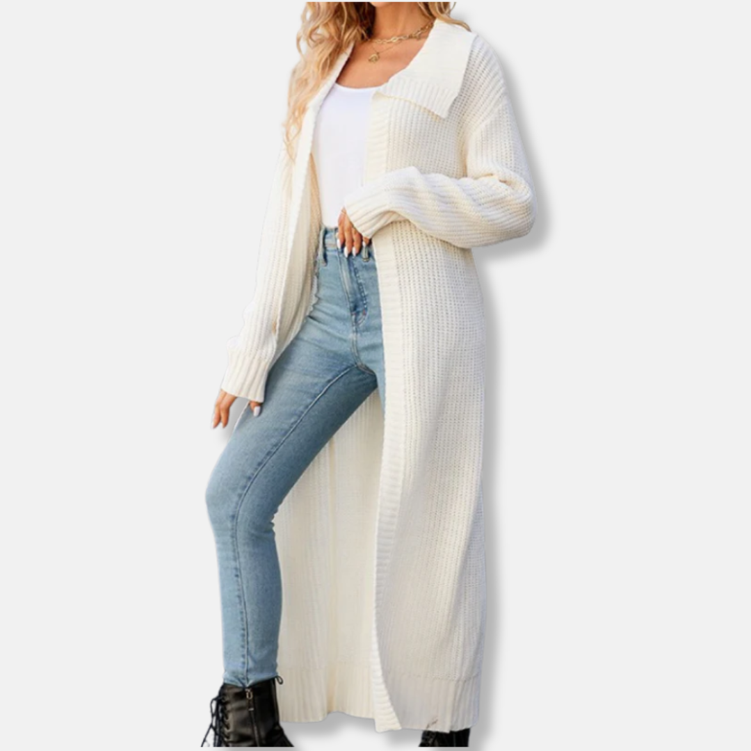 Women's wool knit maxi cardigan loose fit wide lapel layering essential in neutral tone