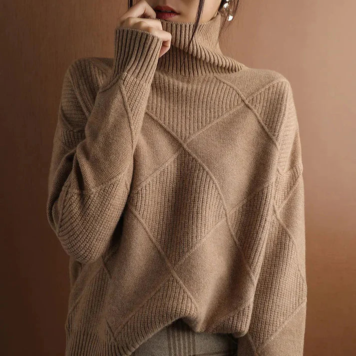 Women's oversized wool blend pullover sweater, ribbed high neck knit in neutral cozy style