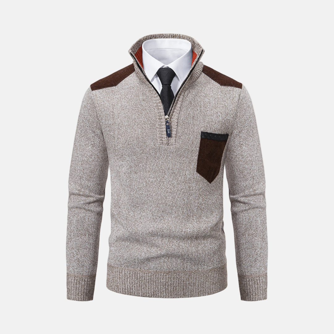 Men's gray knit blend quarter-zip pullover sweater with stand collar for smart casual wear